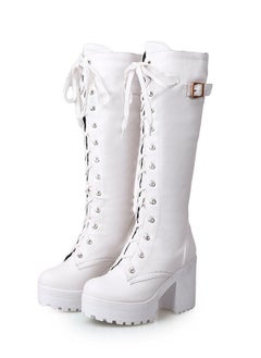 Loquat Women's Thick High Heels Lace Up Boots Round toe Punk Platform Booties White  - Image 1
