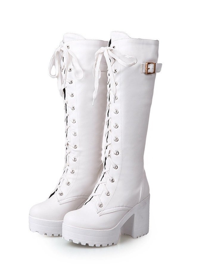 Loquat Women's Thick High Heels Lace Up Boots Round toe Punk Platform Booties White  - Image 1