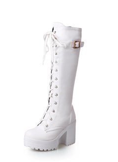 Loquat Women's Thick High Heels Lace Up Boots Round toe Punk Platform Booties White  - Image 2
