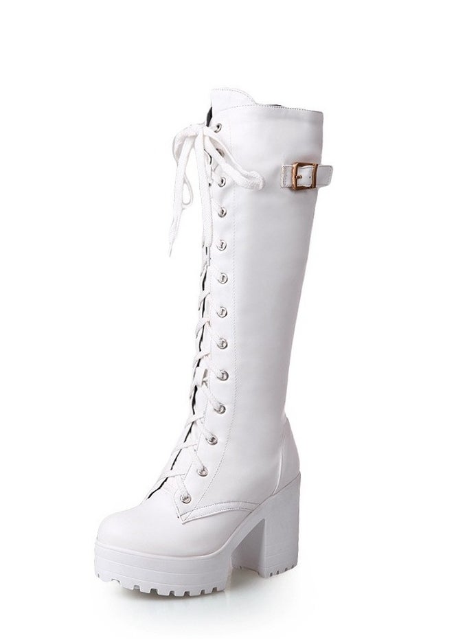 Loquat Women's Thick High Heels Lace Up Boots Round toe Punk Platform Booties White  - Image 2