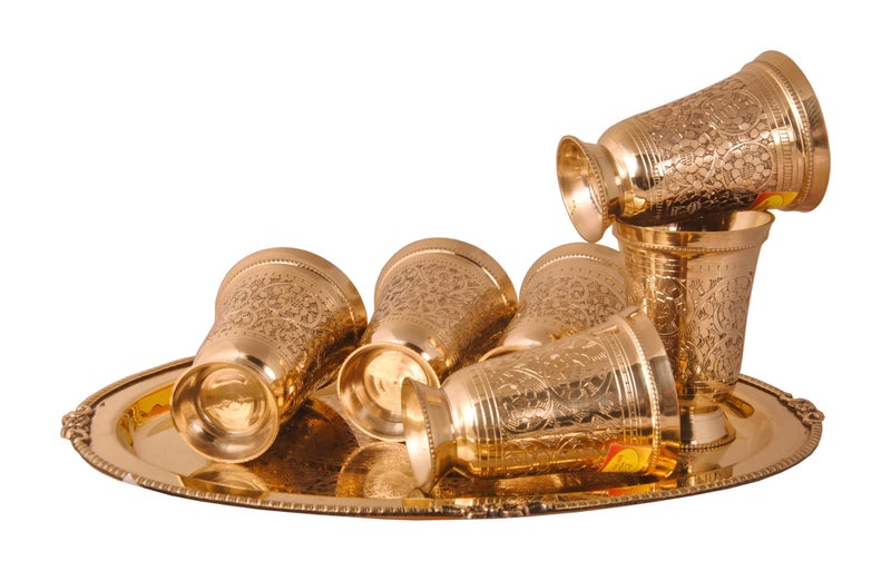 SHIV SHAKTI ARTS Shiv Shakti Arts Brass Tray Glass Set for Serving Water, Juices, Drinks at Home, Hotel Mughlai Finish Set (1 Tray+6 Glasses)  - Image 5