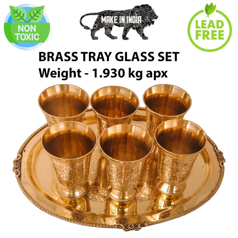 SHIV SHAKTI ARTS Shiv Shakti Arts Brass Tray Glass Set for Serving Water, Juices, Drinks at Home, Hotel Mughlai Finish Set (1 Tray+6 Glasses)  - Image 2