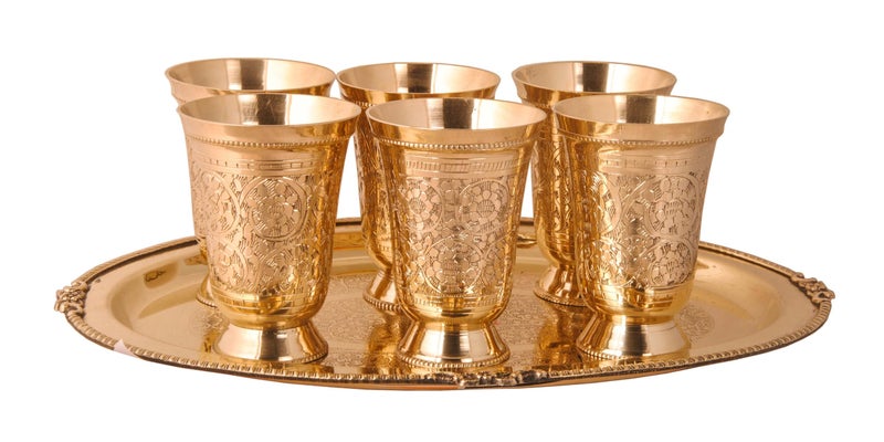SHIV SHAKTI ARTS Shiv Shakti Arts Brass Tray Glass Set for Serving Water, Juices, Drinks at Home, Hotel Mughlai Finish Set (1 Tray+6 Glasses)  - Image 4