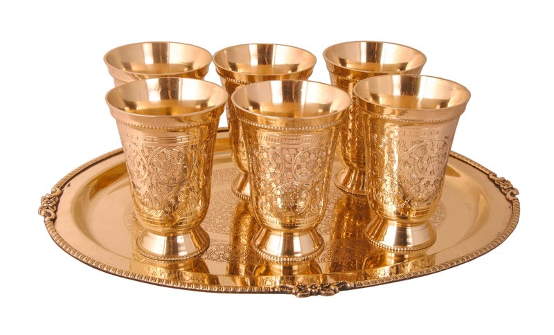 SHIV SHAKTI ARTS Shiv Shakti Arts Brass Tray Glass Set for Serving Water, Juices, Drinks at Home, Hotel Mughlai Finish Set (1 Tray+6 Glasses)  - Image 1
