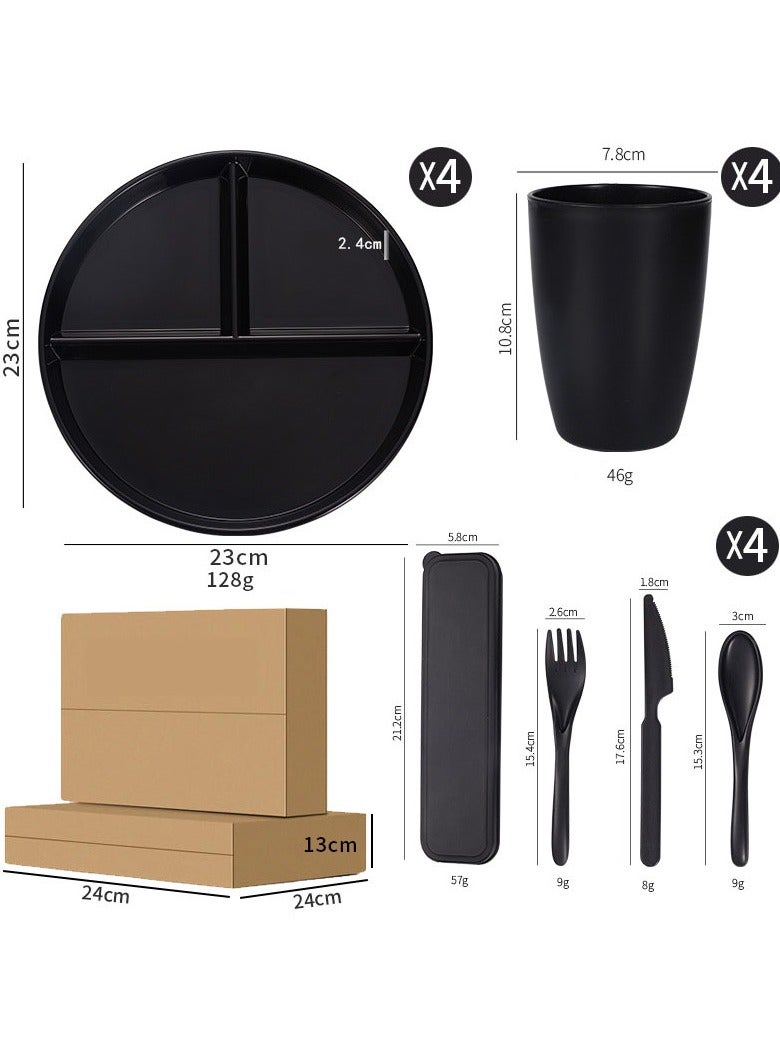 VINNYSEN 12-piece Dinner Set Plastic Wheat Straw Dinnerware Set Plates and Bowls Set for Unbreakable Modern Dish Set Dessert Plate Cereal Bowl Cup for Kitchen Outdoor Camping Black - Image 1