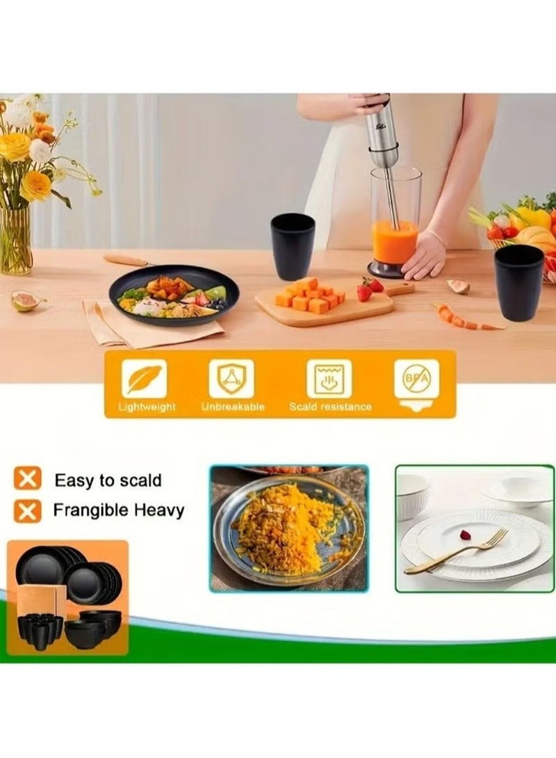 VINNYSEN 12-piece Dinner Set Plastic Wheat Straw Dinnerware Set Plates and Bowls Set for Unbreakable Modern Dish Set Dessert Plate Cereal Bowl Cup for Kitchen Outdoor Camping Black - Image 4