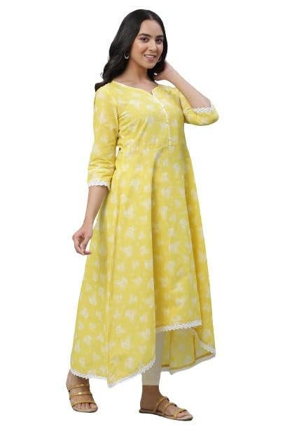 Aurelia Women's Yellow Cream Floral Printed Cambric Flared Kurta_23AUA14415-507397_XL - Image 1