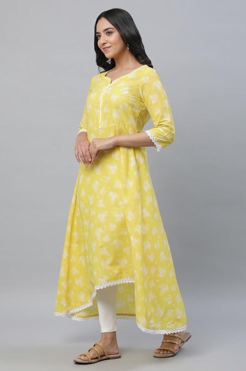 Aurelia Women's Yellow Cream Floral Printed Cambric Flared Kurta_23AUA14415-507397_XL - Image 2