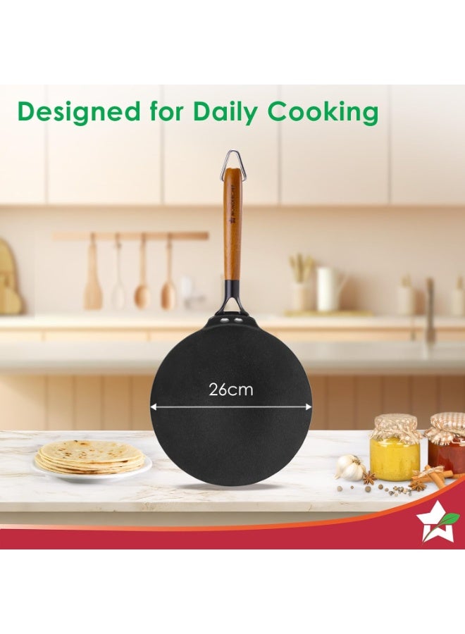 Wonderchef Ferro Light-Weight Cast-Iron Roti Tawa | 26cm | Pre-Seasoned with 100% Vegetable Oil | 40% Lighter Than Regular Cast-Iron Cookware | Cool-Touch Real Acacia Wood Handles | 10-Year Warranty - Image 3