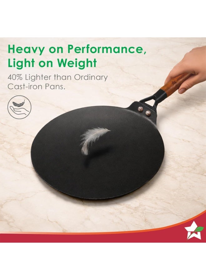 Wonderchef Ferro Light-Weight Cast-Iron Roti Tawa | 26cm | Pre-Seasoned with 100% Vegetable Oil | 40% Lighter Than Regular Cast-Iron Cookware | Cool-Touch Real Acacia Wood Handles | 10-Year Warranty - Image 4