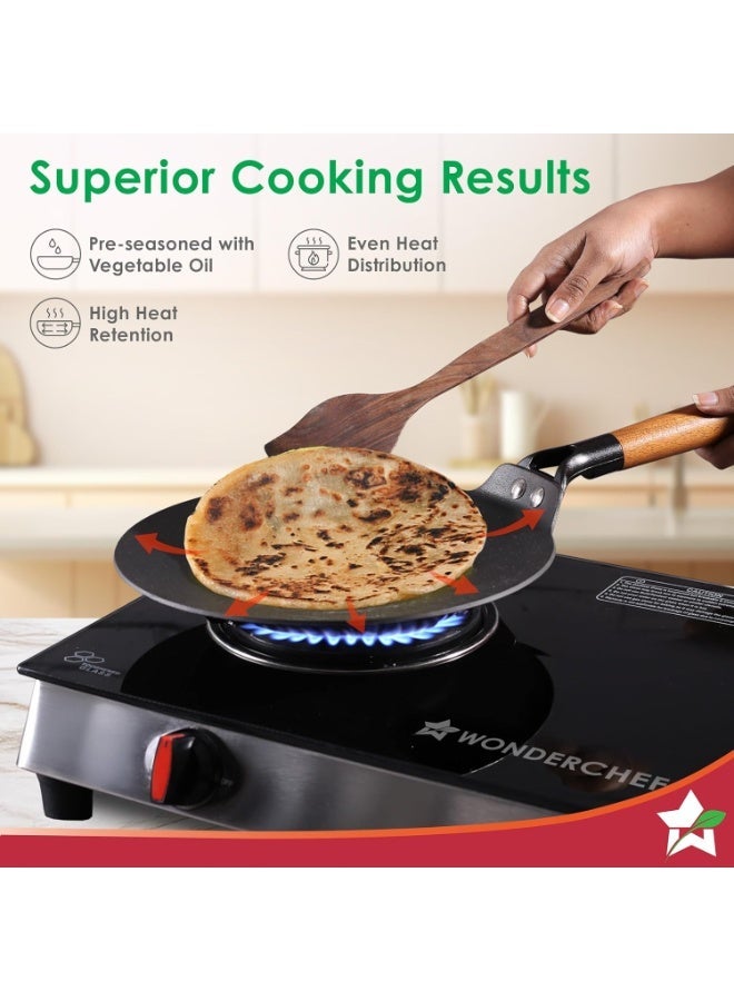 Wonderchef Ferro Light-Weight Cast-Iron Roti Tawa | 26cm | Pre-Seasoned with 100% Vegetable Oil | 40% Lighter Than Regular Cast-Iron Cookware | Cool-Touch Real Acacia Wood Handles | 10-Year Warranty - Image 2