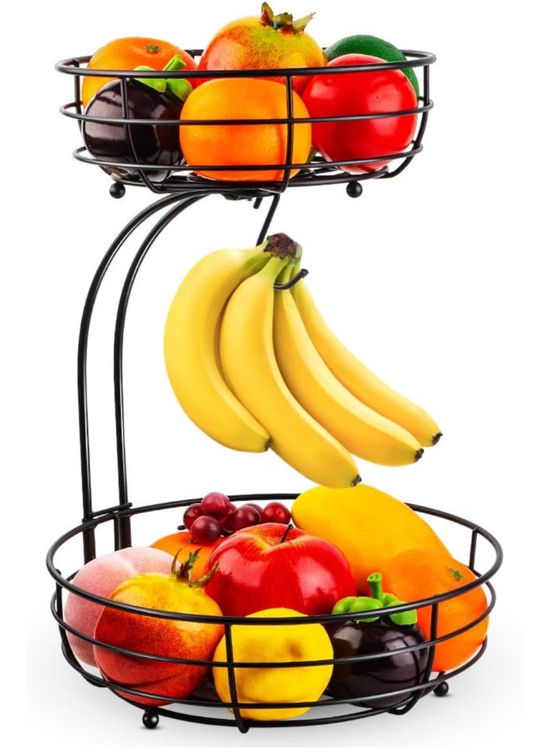 YelaJoy 2-Tier Countertop Fruit Vegetables Basket Bowl Storage With Banana Hange, Detachable Bread, Snacks Baskets Holder Large Capacity Fruit Tray-Black - Image 1