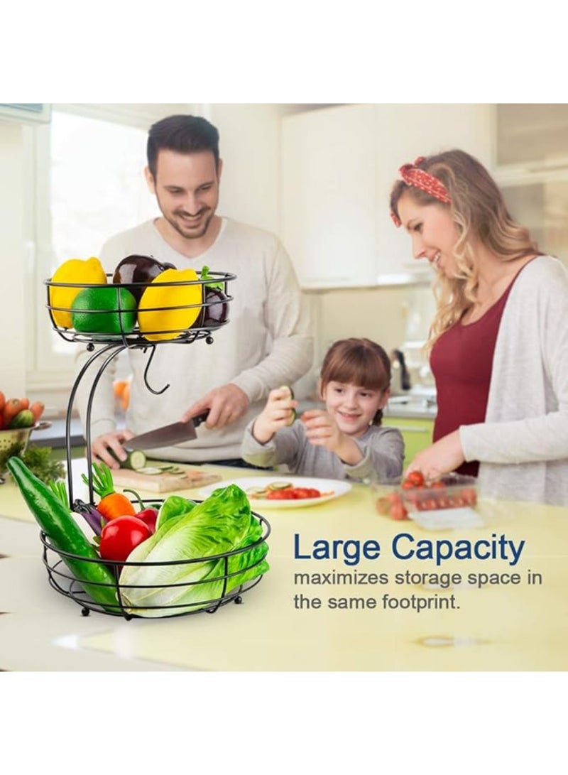 YelaJoy 2-Tier Countertop Fruit Vegetables Basket Bowl Storage With Banana Hange, Detachable Bread, Snacks Baskets Holder Large Capacity Fruit Tray-Black - Image 2