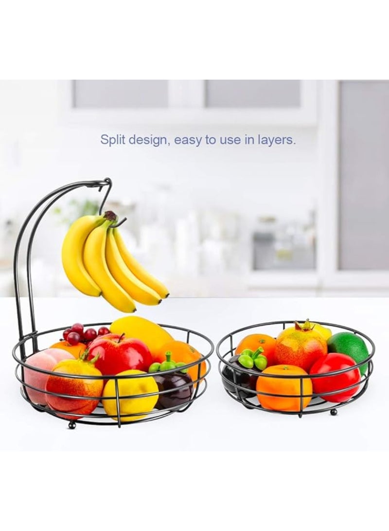 YelaJoy 2-Tier Countertop Fruit Vegetables Basket Bowl Storage With Banana Hange, Detachable Bread, Snacks Baskets Holder Large Capacity Fruit Tray-Black - Image 5
