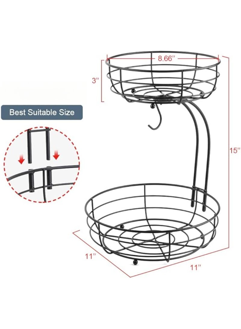 YelaJoy 2-Tier Countertop Fruit Vegetables Basket Bowl Storage With Banana Hange, Detachable Bread, Snacks Baskets Holder Large Capacity Fruit Tray-Black - Image 3