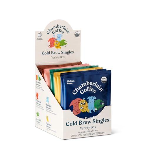 Chamberlain Coffee Variety Box Single Serve Bags - Includes 5 Blends, Original Family, Early Bird, Night Owl, Careless Cat and Social Dog Blends - 10 Single Serve Cold Brew Sachets - Image 1
