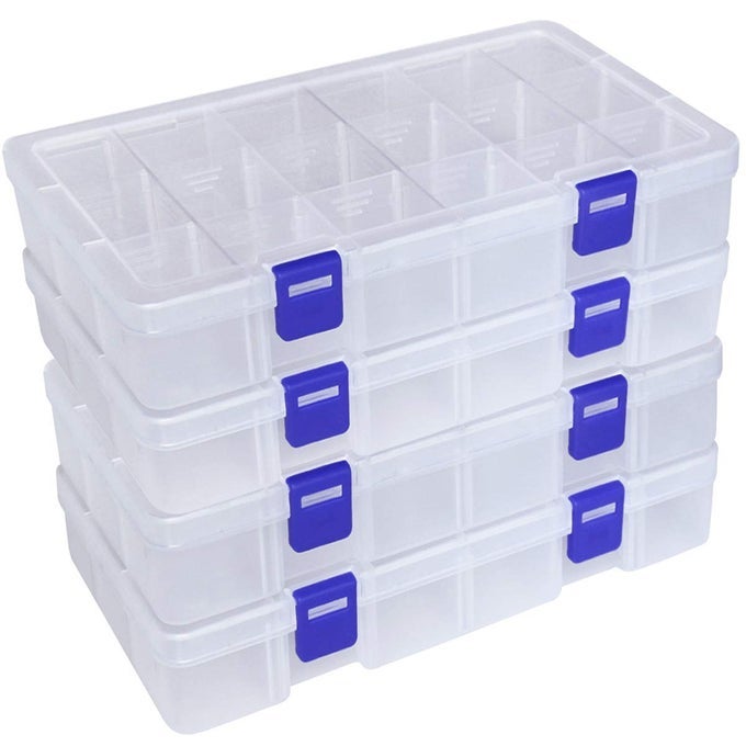 PLASTIC ORGANIZER CONTAINER STORAGE BOX ADJUSTABLE DIVIDER REMOVABLE GRID COMPARTMENT FOR JEWELRY BEADS EARRING TOOL FISHING HOOK SMALL ACCESSORIES18 GRIDS WHITE X 4
