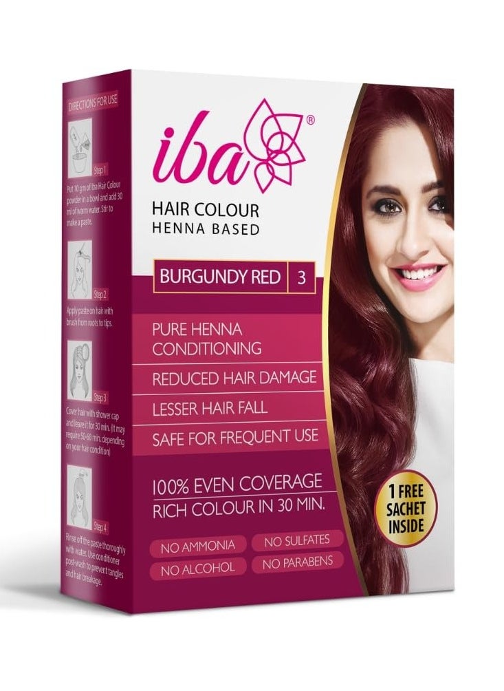 Iba Iba Hair Colour for Women - Burgundy Red, 70g | 100% Pure Henna Based Powder Sachet | Natural Hair Colour & Long Lasting with Conditioning Formula | Reduced Hair Fall & Hair Damage | Shine & Nourish Hair | Free from Ammonia and Other Harmful Chemicals | Herbal Hair Powder for Hair Colour | Burgundy Red Henna  - Image 1