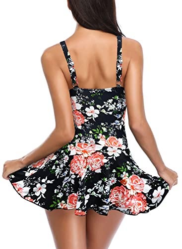 SHEKINI Women's Crossover Ruched Skirt One Piece Swimdress Swimsuit Bathing Suit (Black - Flower, Medium) - Image 5