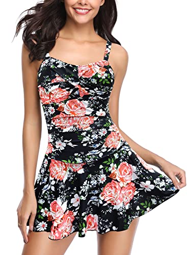 SHEKINI Women's Crossover Ruched Skirt One Piece Swimdress Swimsuit Bathing Suit (Black - Flower, Medium) - Image 1