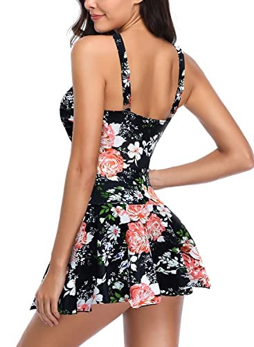 SHEKINI Women's Crossover Ruched Skirt One Piece Swimdress Swimsuit Bathing Suit (Black - Flower, Medium) - Image 4