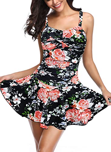 SHEKINI Women's Crossover Ruched Skirt One Piece Swimdress Swimsuit Bathing Suit (Black - Flower, Medium) - Image 3