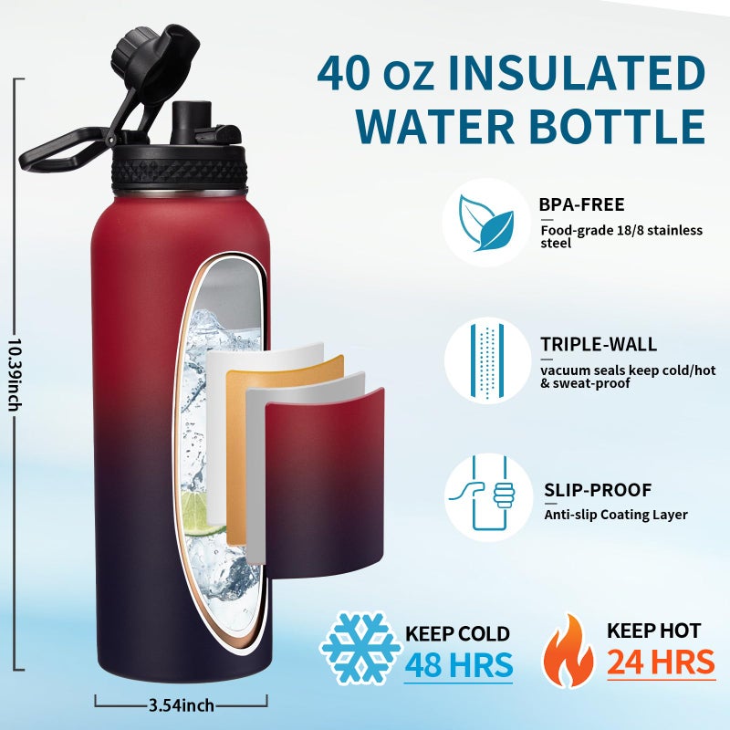 VICKNIY 40 OZ Insulated Water Bottles with Straw Lid, Stainless Steel Water Bottle for Men Women, Wide Mouth Water Flask Sports with Shoulder Carrier Bag, Paracord Handle, Straw & Spout Lids - Image 3