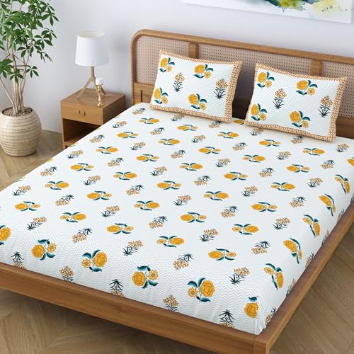 Colorish Ethnic Cotton Blend King Size Double Bedsheet with 2 Pillow Covers - Yellow Blush - Image 3