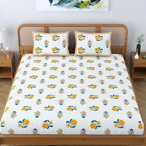 Colorish Ethnic Cotton Blend King Size Double Bedsheet with 2 Pillow Covers - Yellow Blush - Image 2