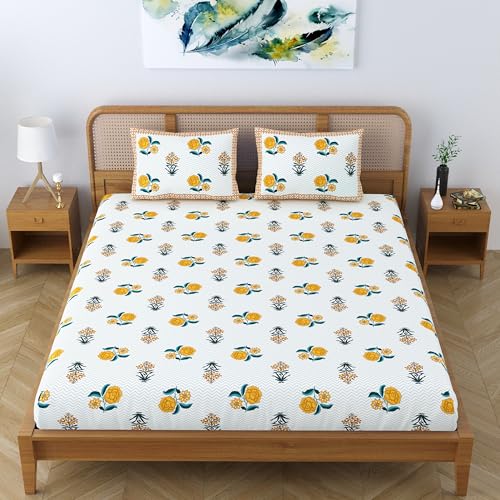 Colorish Ethnic Cotton Blend King Size Double Bedsheet with 2 Pillow Covers - Yellow Blush - Image 5
