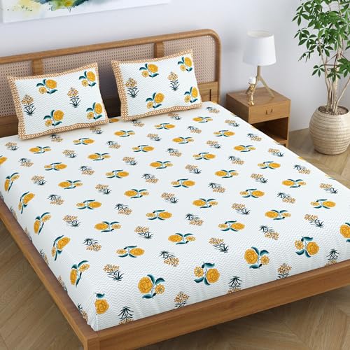 Colorish Ethnic Cotton Blend King Size Double Bedsheet with 2 Pillow Covers - Yellow Blush - Image 1