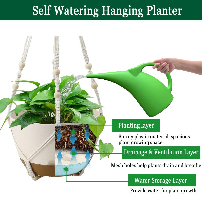 Koalaime Hanging Planters for Indoor Plants, 2 Pack 10 Inch Self Watering Pots with Macrame Plant Hanger, Hanging Baskets Holder for Outdoor Garden Home Ceiling Window Decor - Image 3