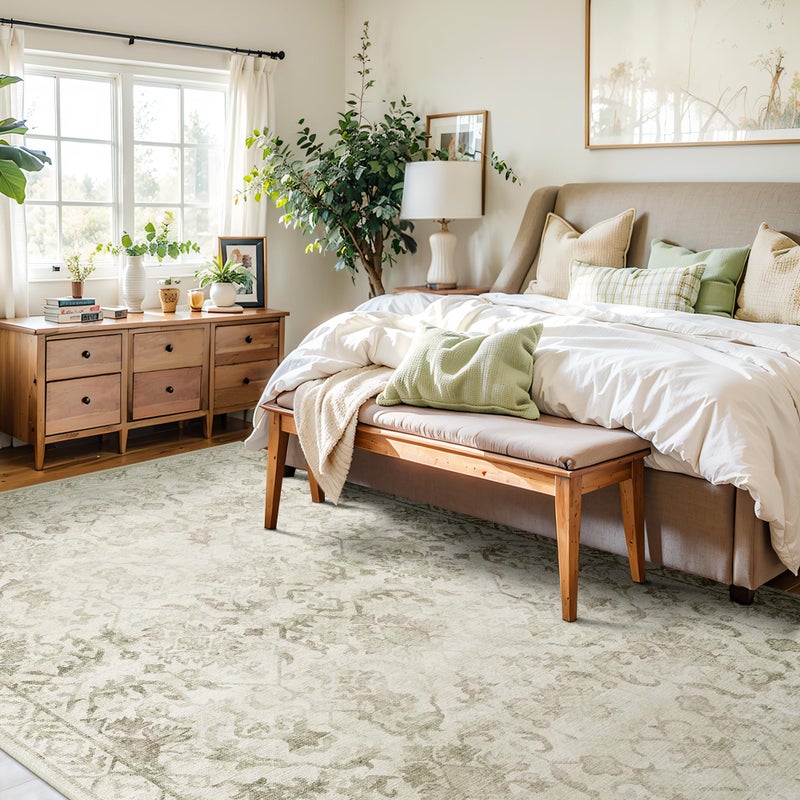 Deerly Sage Green 5x8 Area Rugs for Living Room,Washable Vintage Rugs for Bedroom, Non Slip Rug Floral Carpet Green Area Rug for Bedroom Dining Nursery - Image 2