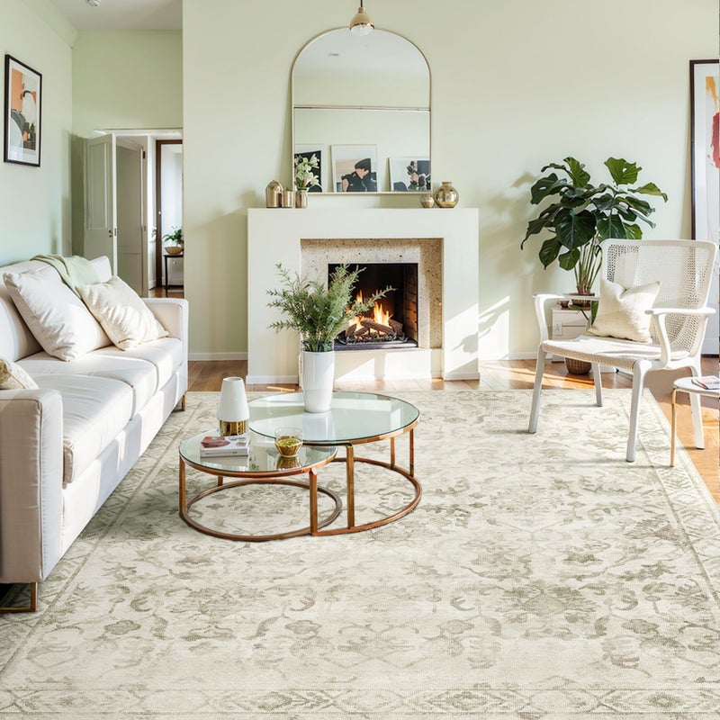 Deerly Sage Green 5x8 Area Rugs for Living Room,Washable Vintage Rugs for Bedroom, Non Slip Rug Floral Carpet Green Area Rug for Bedroom Dining Nursery - Image 1