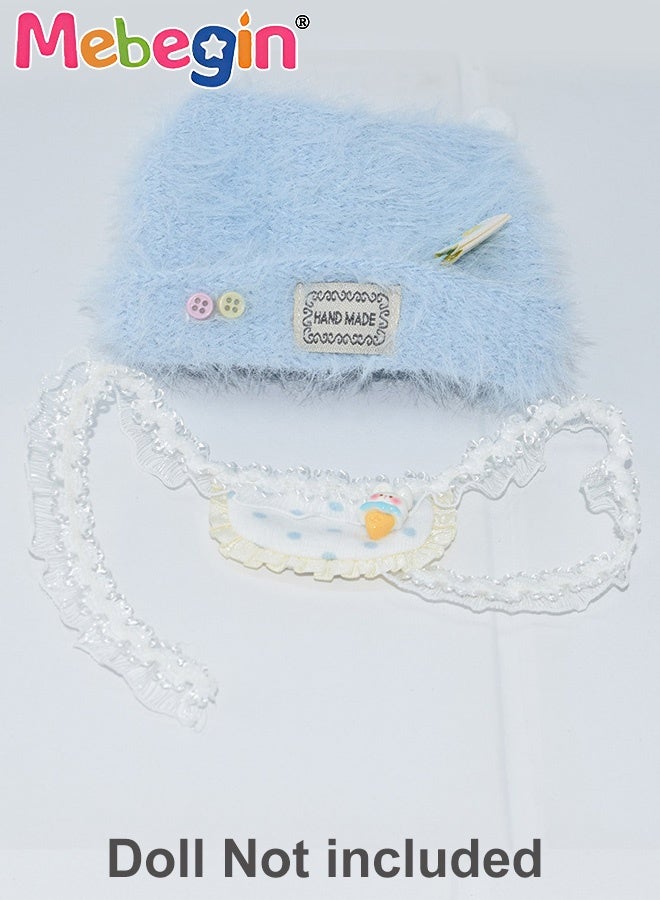 MEBEGIN Labubu Clothes,2 Pieces Blue Plush Hat and Bib for Doll (NO Doll),Hat Set for 17cm Doll Accessories,Cute Clothes for Dress up Unique Style,Adorable Outfit Set for 17cm - Image 3