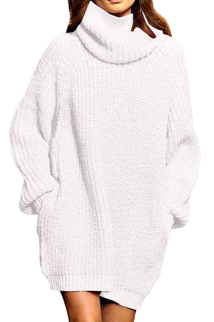 Pink Queen Pink Queen Women's Loose Turtleneck Oversize Long Pullover Sweater Dress White S  - Image 1