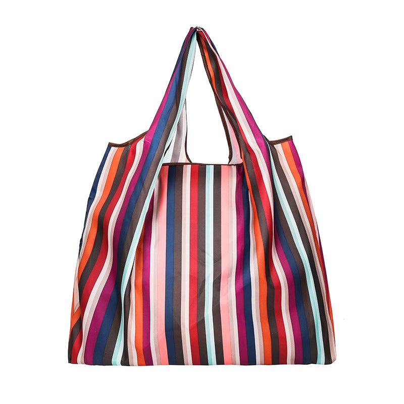Generic Cross-border New Cartoon Foldableable Shoulder Shopping Bag Large Portable Large-capacity Shopping Bag Supermarket Grocery Shopping Bag Colorful vertical stripes 