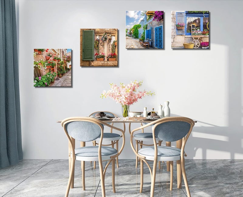 OKEXCKK 4 Pieces Italy Towns Artwork Paintings Prints Wall Decor, Beautiful Street Scenery Canvas Wall Art with Framed Ready to Hang Living Room Dining Room Office 12"x12" - Image 5