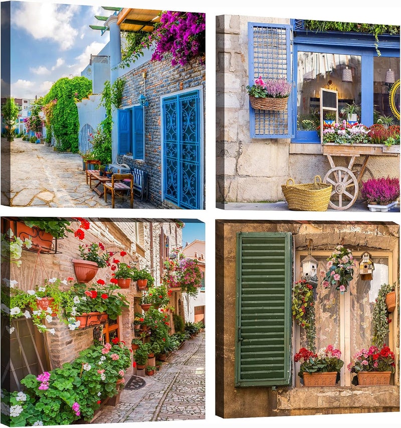 OKEXCKK 4 Pieces Italy Towns Artwork Paintings Prints Wall Decor, Beautiful Street Scenery Canvas Wall Art with Framed Ready to Hang Living Room Dining Room Office 12"x12" - Image 1