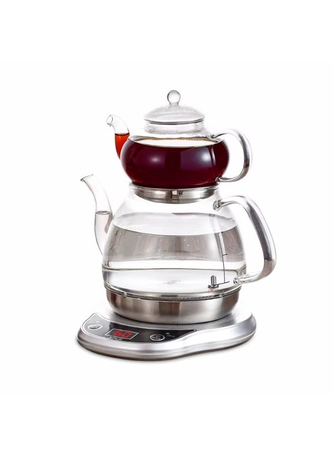 Gulf Dalla Turkish Coffee Maker and Glass Samovar Set with 3 Tea Cups and Towel, 1000ML, Silver & Clear, 1000W – Model GA-C92871 - Image 1
