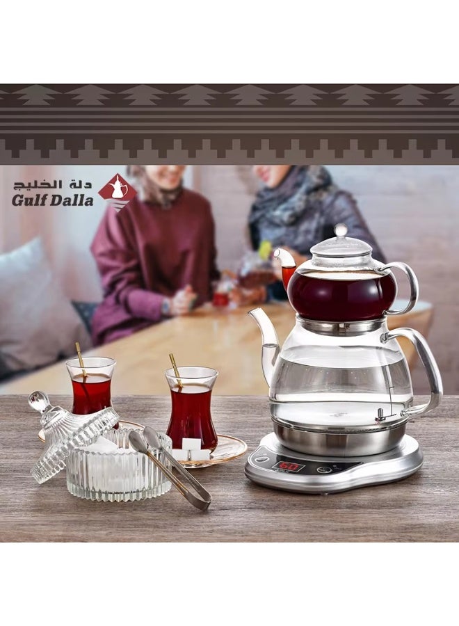Gulf Dalla Turkish Coffee Maker and Glass Samovar Set with 3 Tea Cups and Towel, 1000ML, Silver & Clear, 1000W – Model GA-C92871 - Image 5