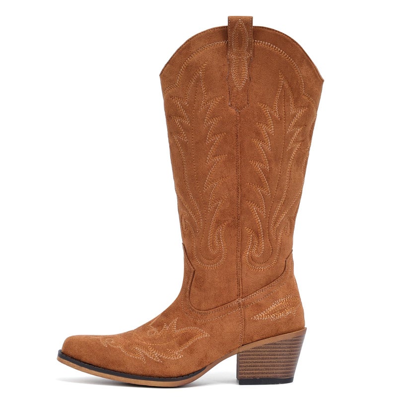 Fioralie Suede Cowboy Boots for Women Western Mid Calf Cowgirl Boots with Embroidered, Retro Snip Toe Fashion Boot With Chunky Block Heel Summer Fall Country Music Festival Cowboy Chic - Image 5