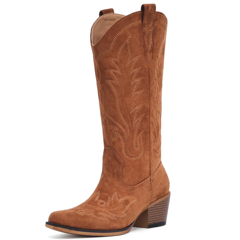 Fioralie Suede Cowboy Boots for Women Western Mid Calf Cowgirl Boots with Embroidered, Retro Snip Toe Fashion Boot With Chunky Block Heel Summer Fall Country Music Festival Cowboy Chic - Image 4