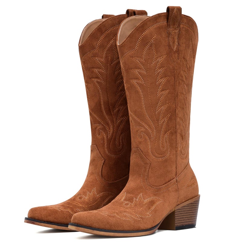 Fioralie Suede Cowboy Boots for Women Western Mid Calf Cowgirl Boots with Embroidered, Retro Snip Toe Fashion Boot With Chunky Block Heel Summer Fall Country Music Festival Cowboy Chic - Image 1
