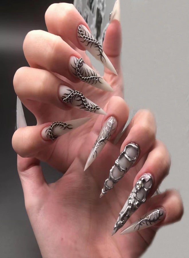 MISUD Press on Nails - Long Stiletto Glue on Nails with Silver Chrome, Acrylic Goth Y2K Chain Design 24 pcs - Image 1