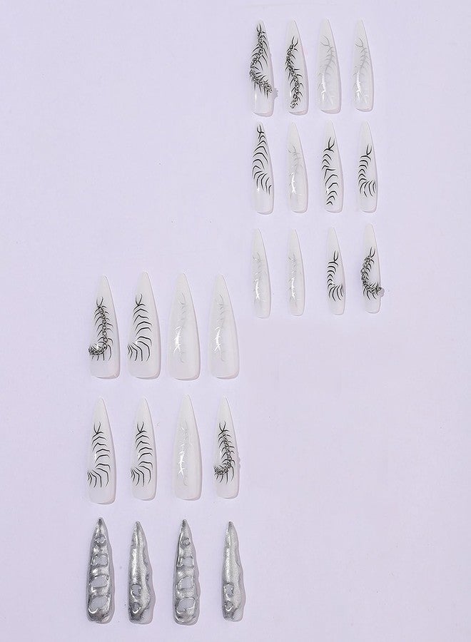 MISUD Press on Nails - Long Stiletto Glue on Nails with Silver Chrome, Acrylic Goth Y2K Chain Design 24 pcs - Image 2
