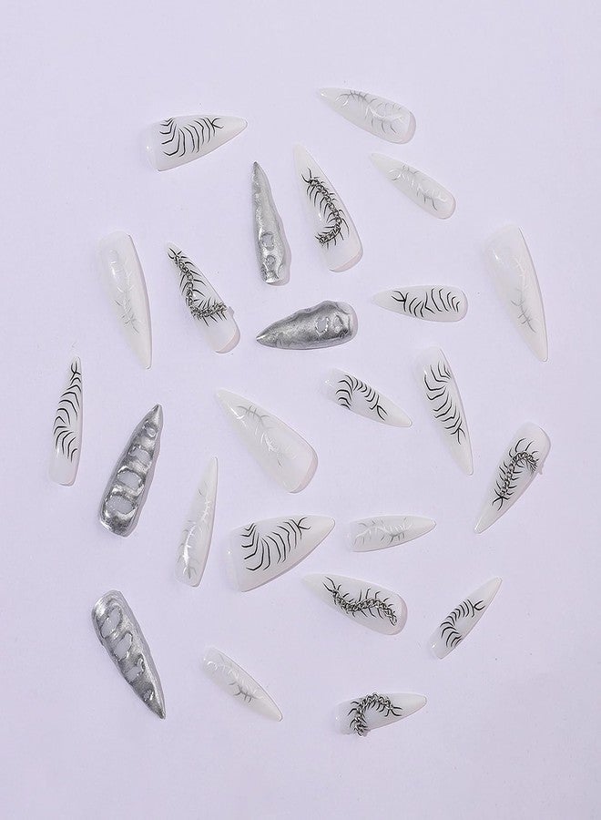 MISUD Press on Nails - Long Stiletto Glue on Nails with Silver Chrome, Acrylic Goth Y2K Chain Design 24 pcs - Image 3