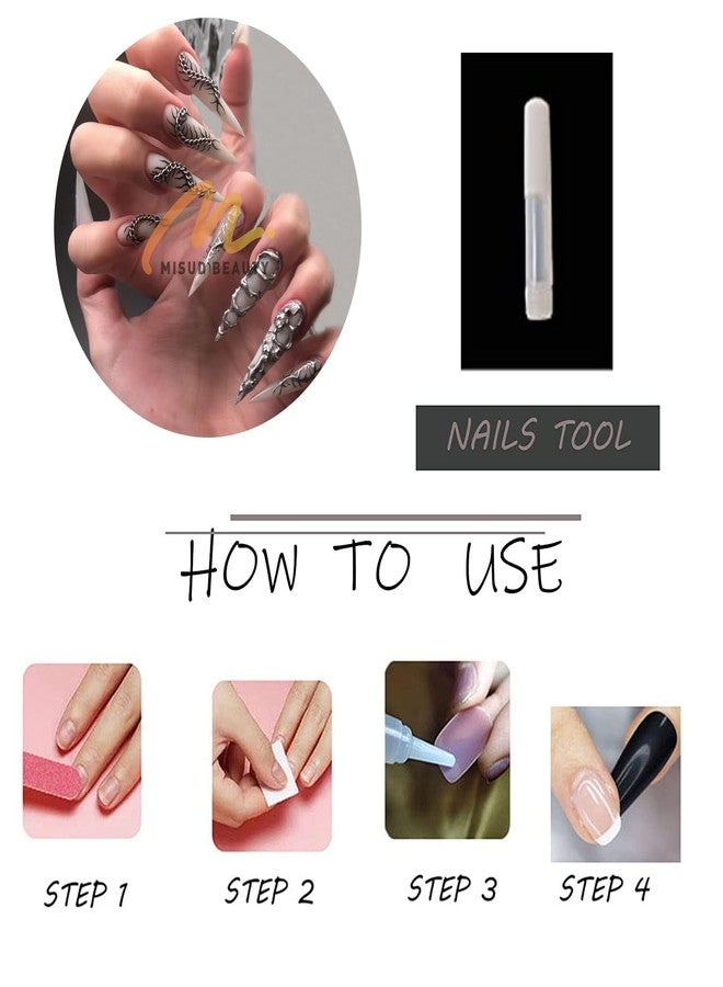 MISUD Press on Nails - Long Stiletto Glue on Nails with Silver Chrome, Acrylic Goth Y2K Chain Design 24 pcs - Image 4