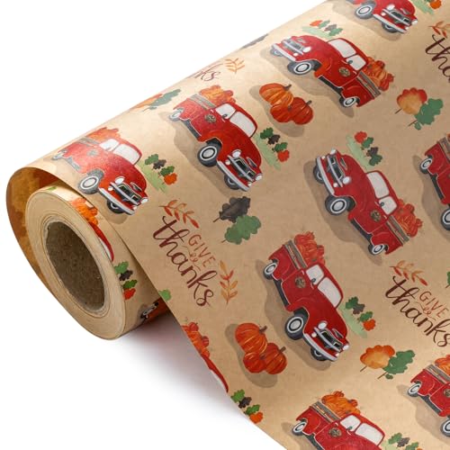 WRAPAHOLIC Kraft Thanksgiving Wrapping Paper Mini Roll 17 Inch x 165 Feet Give Thanks Lettering and Car Pumpkins Wrapping Paper Perfect for Thanksgiving Autumn Holiday - Image 2
