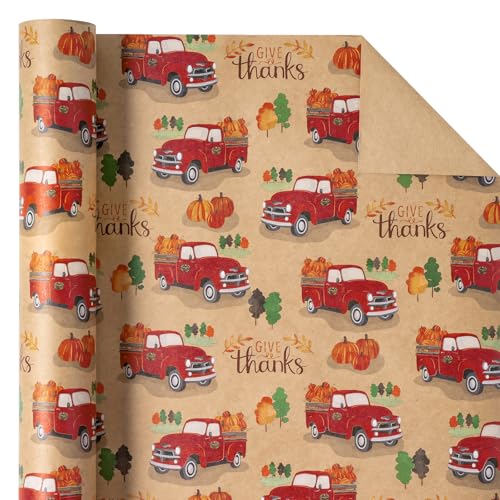 WRAPAHOLIC Kraft Thanksgiving Wrapping Paper Mini Roll 17 Inch x 165 Feet Give Thanks Lettering and Car Pumpkins Wrapping Paper Perfect for Thanksgiving Autumn Holiday - Image 5